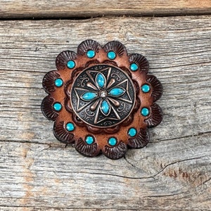 Leather Rosette Dark Oil Edges with Copper Turquoise Western Concho R112W138S