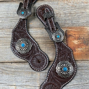 Dark Floral Spur Straps - Antique Silver Western Conchos #SS111