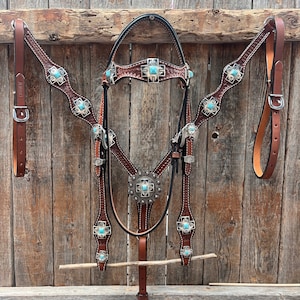 Medium Oil Turquoise Cross Browband/One Ear Headstall Breastcollar Tack Set BBBC1060