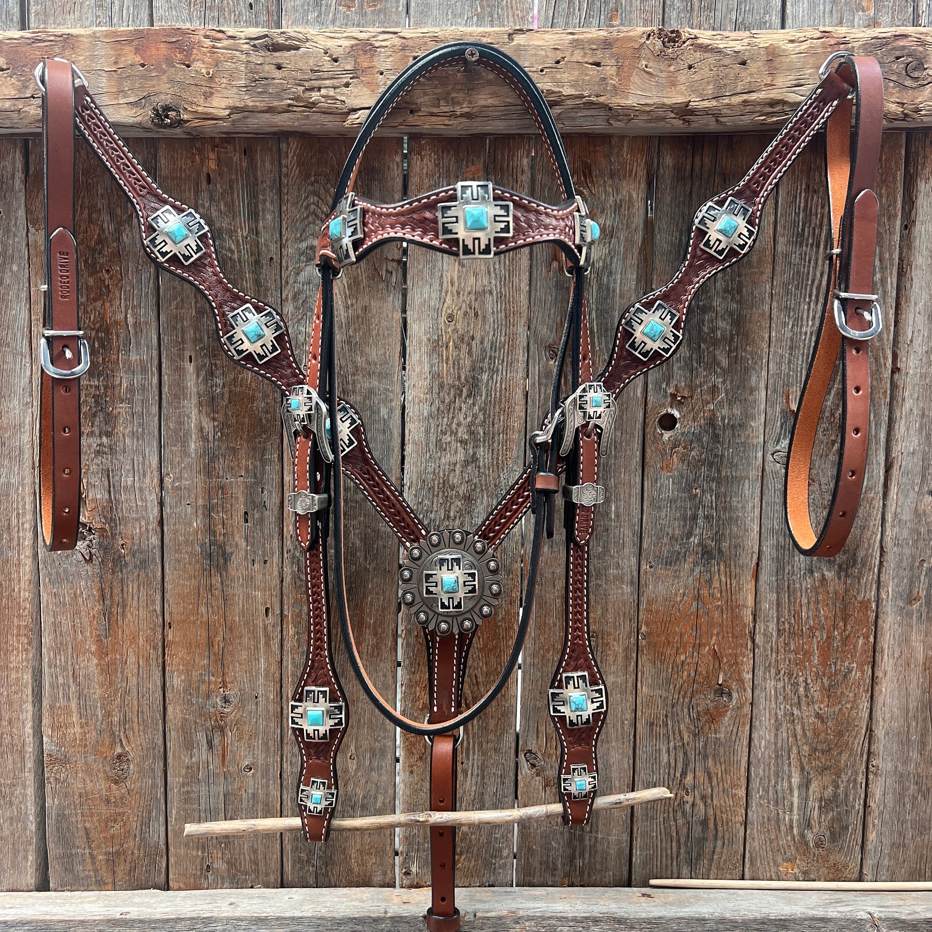 Medium Oil Turquoise Cross Browband/one Ear Headstall Breastcollar
