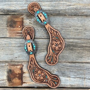 Floral Teal Dot Antique Silver Turquoise Spur Straps #SS125