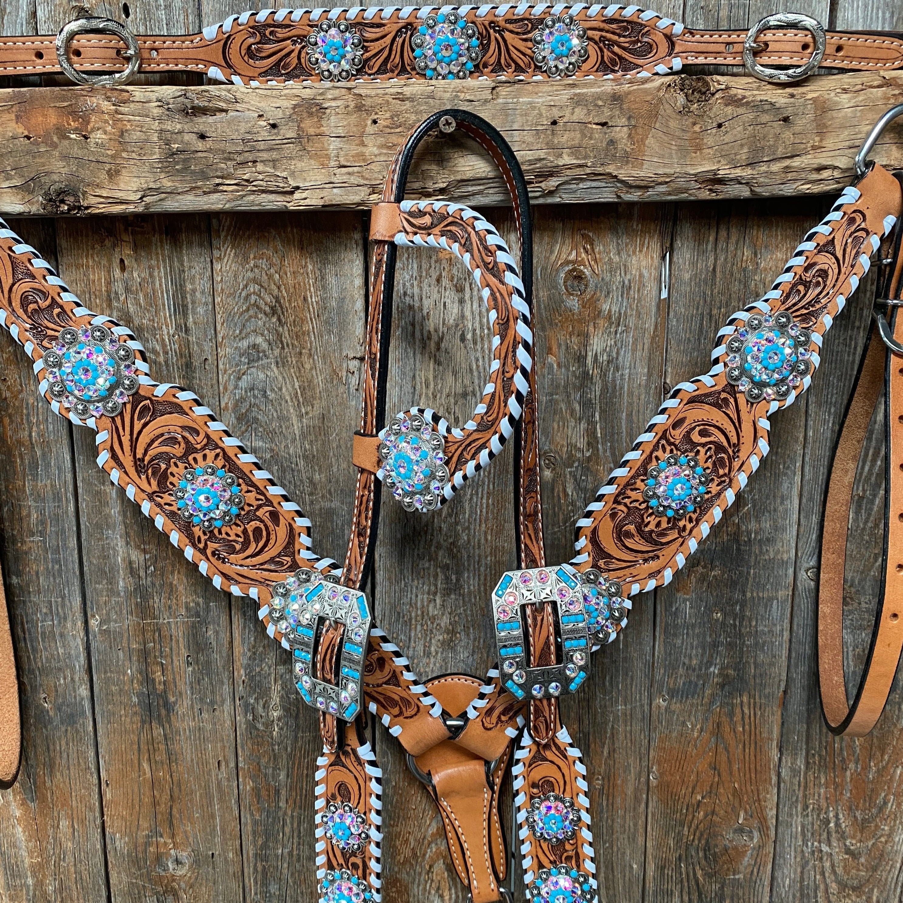 CHALLENGER Western Horse Browband Bridle – Tan With Turquoise Stones & Studs, Latigo Tie Bit Ends, Stainless Steel Hardware – Model 78203TR