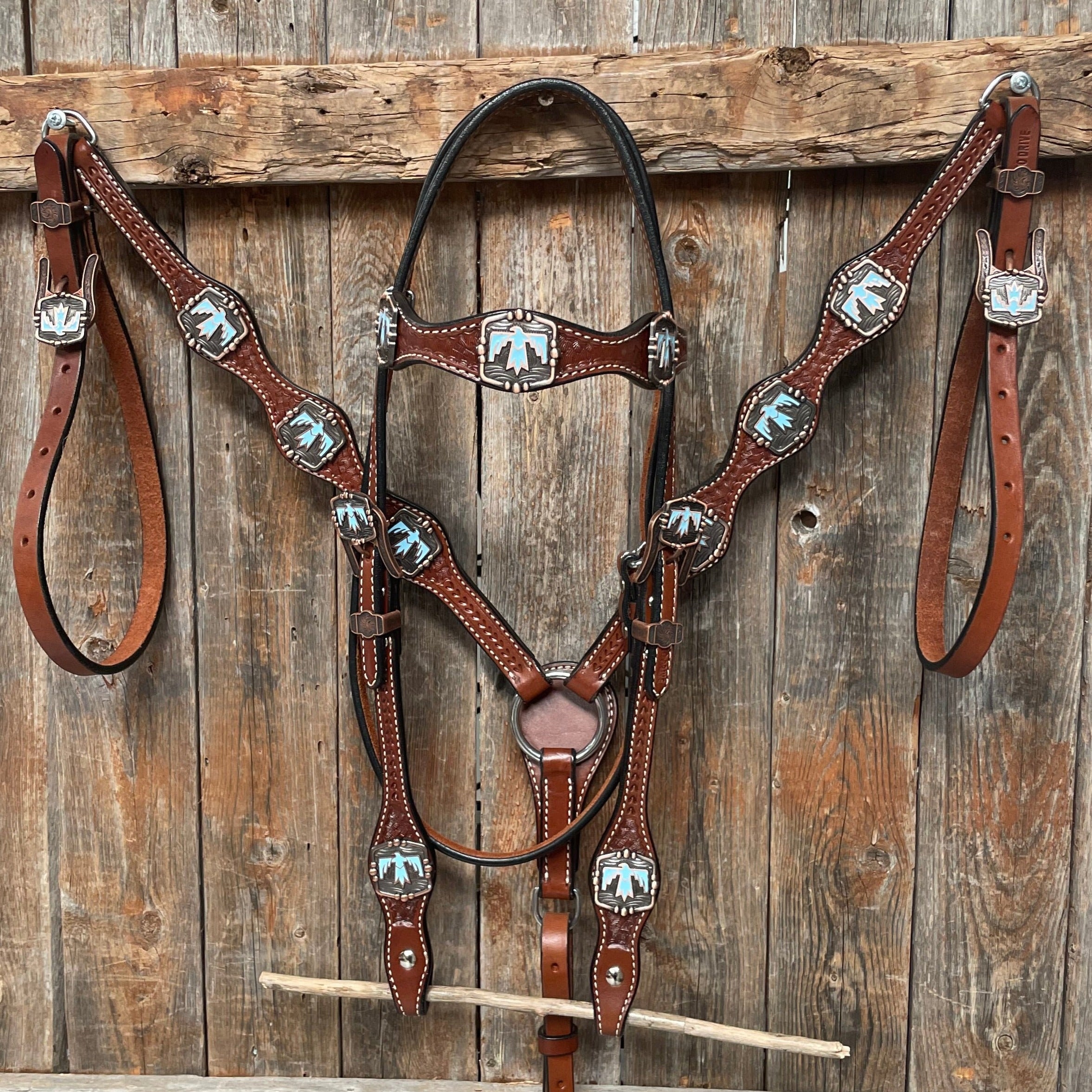 Medium Oil Basketweave Thunderbird Browband/one Ear Tack Set -  Ireland