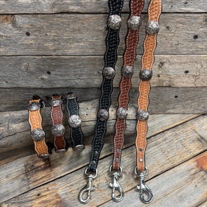 Genuine Leather Dog Collar or Leash With Antique Silver Texas Star Conchos 10" to 22" W187S -DC59