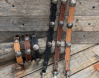 Genuine Leather Dog Collar or Leash With Antique Silver Texas Star Conchos 10" to 22" W187S -DC59