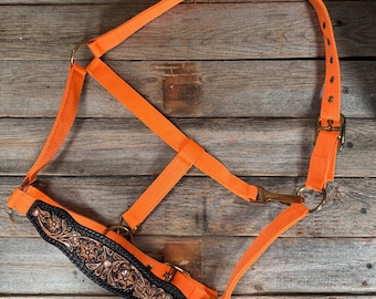 Orange Nylon Halter with Floral Leather Noseband #NH122
