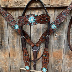 Hand Painted Two Tone Clear/Turquoise Browband / One Ear / Breastcollar Tack Set #BBBC507