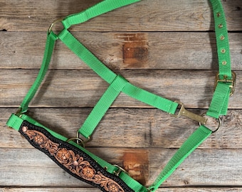 Lime Nylon Halter with Floral Leather Noseband #NH120