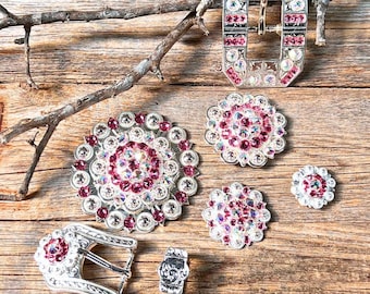 Bright Silver Pink & AB Crystal Conchos - Sizes from 1"- 3" and Buckles