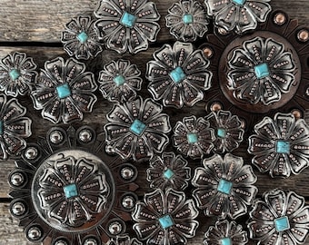 Antique Silver Flower with Copper Dots and Turquoise Concho #W249