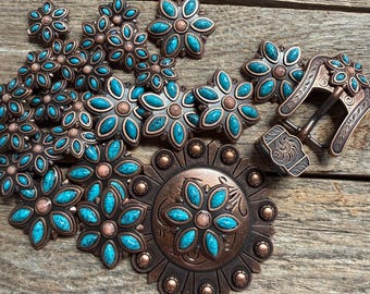Copper Turquoise Flower Western Concho W207