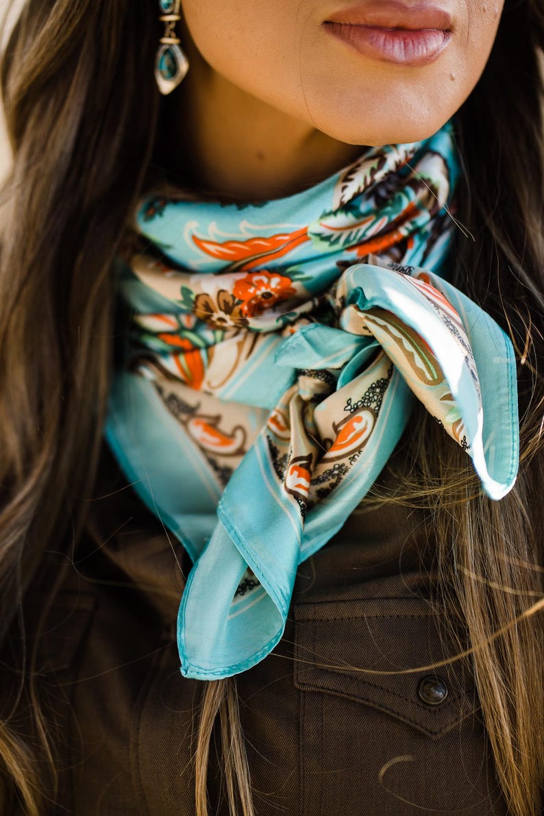 Bufanda de trapo/bufanda turquesa con estampado paisley de los años 70, 35 x 35 pulgadas, WR230 imagen 4