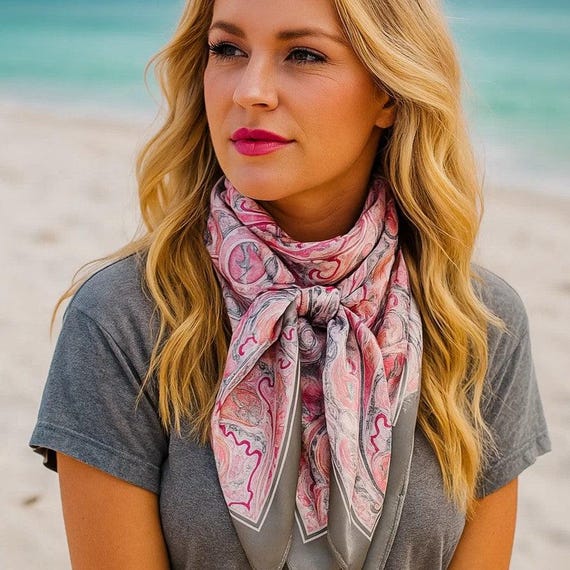 【HILLDA】 Bohemian Paisley Scarf Pink/Khaki Brown Pink Stunning Scarf, Square Silk Scarf, Foulard Soie