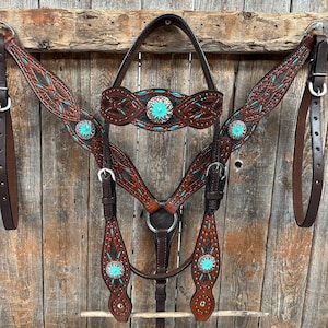 Dark Oil Hand Painted Antique Silver Turquoise Browband/One Ear and Breastcollar Tack Set #BBBC555