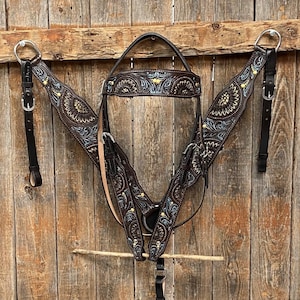 Dark Oil Floral Hand Painted Headstall/Breastcollar Tack Set