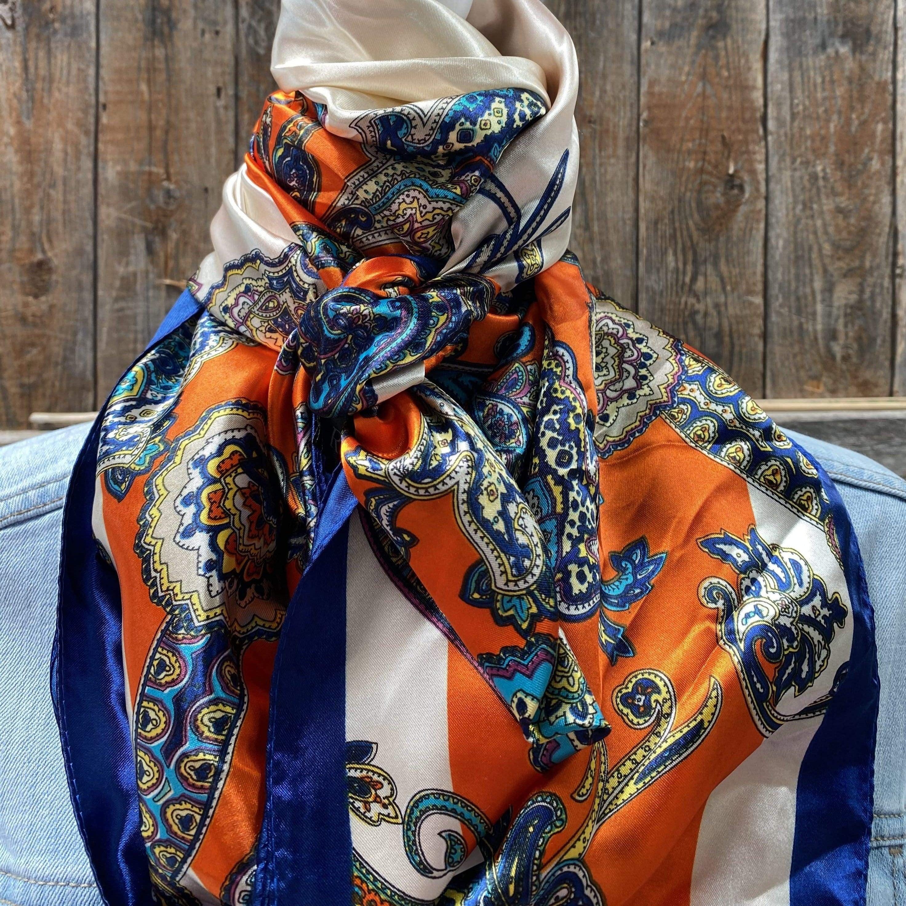 Handcrafted Navy Blue Neck Scarf with Orange Floral Accents Navy Blue and Orange Scarf - Etsy main image 4