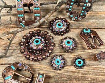 銅トパーズ - ターコイズ - AB - クリスタルコンチョ - サイズ1インチ