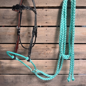 Könnte beinhalten: Ein türkisfarbenes geflochtenes Seilhalfter und ein braunes Lederpferdehalfter mit Blumenmuster. Beide hängen an einer Holzwand mit Latten.