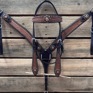 Two Tone Honeycomb Copper Dot Jet, Champagne and Topaz Browband / Breastcollar Tack Set #BBBC621