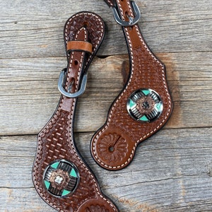 Medium Oil Basketweave Spur Straps - Antique Silver Western Conchos #SS102