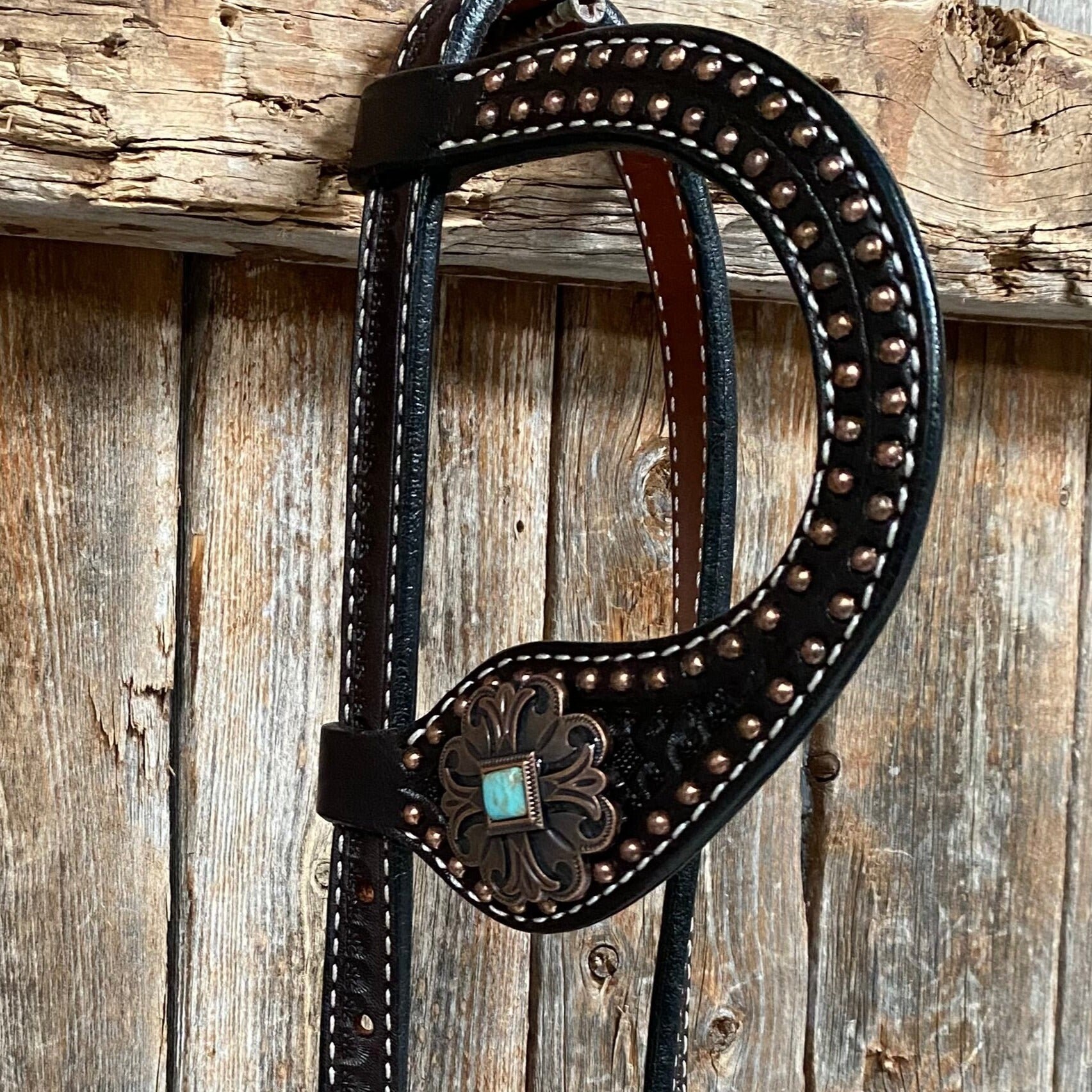 Copper Dot Honeycomb Turquoise Browband / One Ear Tack Set