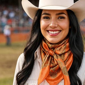May include: A woman wearing a cream-colored cowboy hat and an orange silk scarf with a paisley design. The scarf is knotted at the neck. She is wearing a light-colored button-down shirt and smiling.
