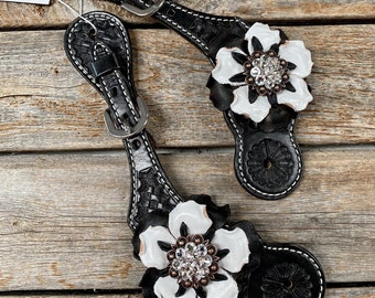 C-S162 Hilason Western Leather Spur Straps Brown Floral Crystals Bling Pink 