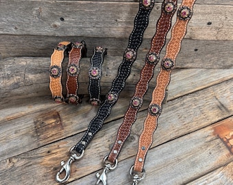 Genuine Leather Dog Collar or Leash With Copper Pink and Champagne Conchos 10" to 22" orDC36