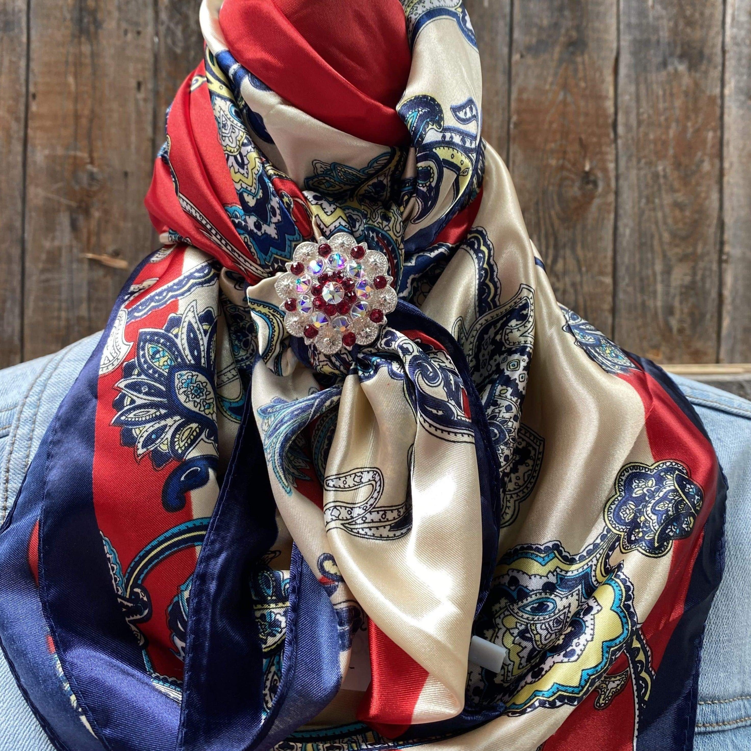 Private Label Navy Floral Bow Scarf with Red Edge Mulberry Silk Scarf: Floral Print Neckerchief, Red Blue Navy  main image 2