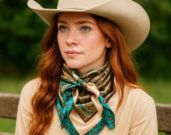 35X35" Teal and Cream Giant Paisley Wild Rag / Scarf WR1027