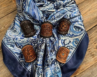 35X35" Blue & White Paisley Wild Rag / Scarf WR3418 - Tooled Leather Wild Rag Slides - Assorted