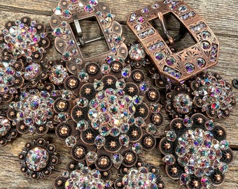 Copper AB Crystal Conchos | Sizes 1"- 3" | Buckles | Saddle Set | Leather Rosettes | Slide