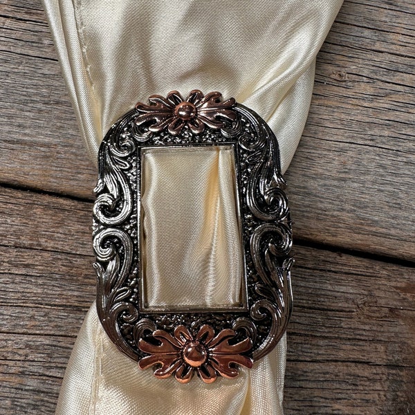 Antique Silver and Copper Flower Western Wild Rag Slide #WRSW199B