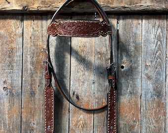 Medium Oil Floral Tooled Copper Buckstitching & Dots Browband Headstall / Bridle