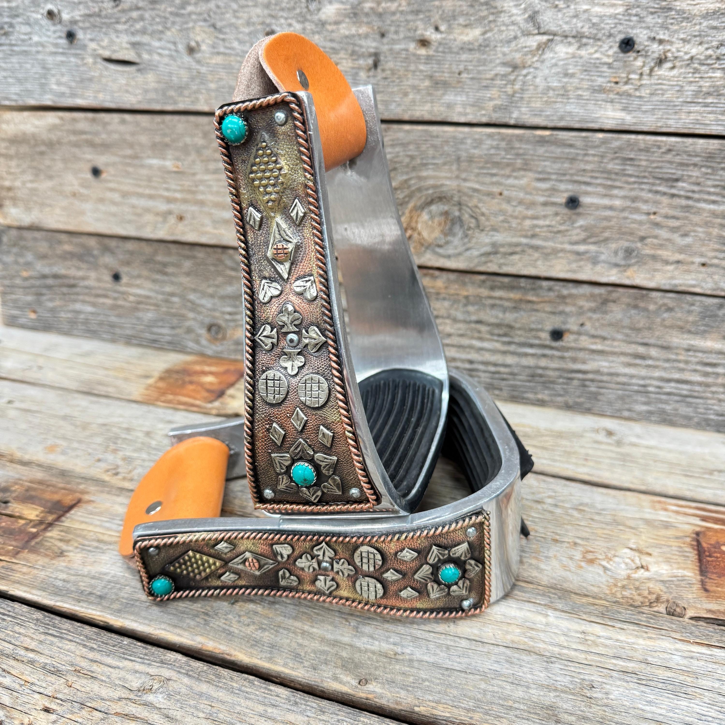 Hand Engraved Copper and Turquoise Barrel Racing Western Stirrups