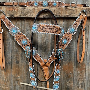 Whipstitch Turquoise & AB Browband/One Ear Tack Set with Wither Strap #BBBC463