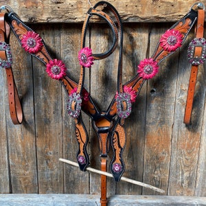 Leaf Scalloped Two Tone Pink Daisy One Ear Headstall / Bridle & Breastcollar Set #OEBC410