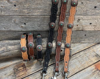 Genuine Leather Dog Collar or Leash With Copper Green Turquoise Conchos 10" to 22" W103S -DC51