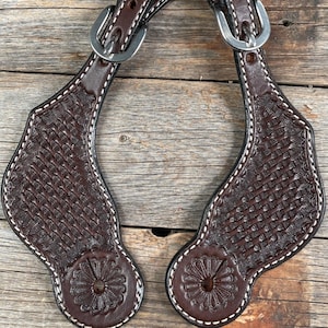 Dark Oil Basketweave Tooled Spur Straps