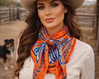 35X35" Orange and Blue Floral Wild Rag / Scarf WR3439