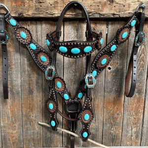 Dark Oil Floral Copper Dot Turquoise Cabochon Browband / Breastcollar Tack Set #BBBC508