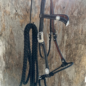 Könnte beinhalten: Ein schwarzes Leder-Pferdehalfter mit silbernen und Kristall-Akzenten, einem schwarzen geflochtenen Seil und einem braunen Lederriemen.
