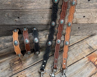 Genuine Leather Dog Collar or Leash With Antique Silver Oval Conchos 10" to 22" W237S orDC66