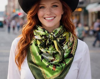 Peut inclure: Un chapeau de cowboy noir et un foulard en soie carré arborant un motif floral aux tons vert, blanc et noir. Le foulard est noué autour du cou et porté sur un haut blanc à manches longues, créant un ensemble superposé aux couleurs vives.