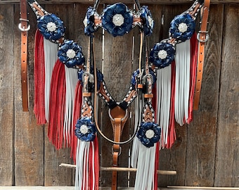 May include: A blue and brown leather horse bridle with white and red fringe. The bridle is decorated with blue flowers and rhinestones.