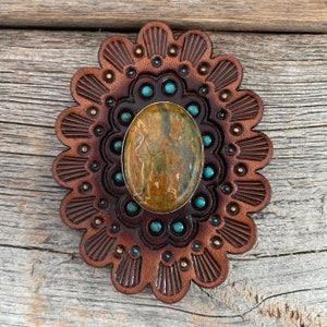 Leather Rosette Medium Oil Edges with Sage Cabochon Western Concho R107CABSG
