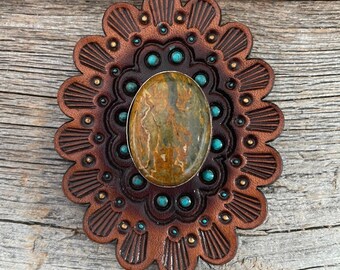 Leather Rosette Medium Oil Edges with Sage Cabochon Western Concho R107CABSG