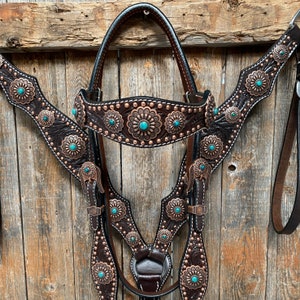 Dark Oil Copper Dot Floral with Turquoise Browband/One Ear Tack Set #BBBC476