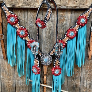 Buckstitch One Ear Headstall & Breastcollar Set -Red Flowers #OEBC414