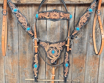 Two Tone Floral Triangle Antique Silver Turquoise Browband/One Ear - Triangle/Gladiator Breastcollar Tack Set #OEBC542